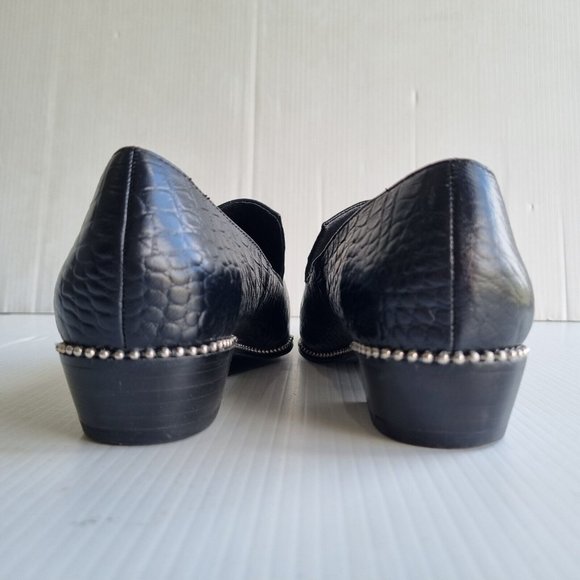 Skin Black Crocodile Print Leather O-Ring Detail Pointed Toe Loafers Size 38 - Picture 6 of 7
